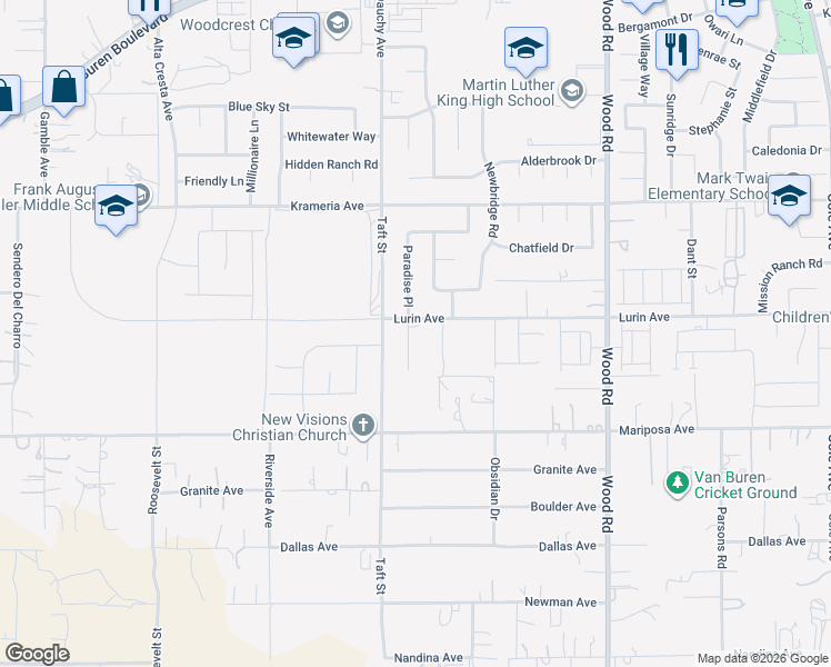 map of restaurants, bars, coffee shops, grocery stores, and more near 9622 Paradise Place in Riverside