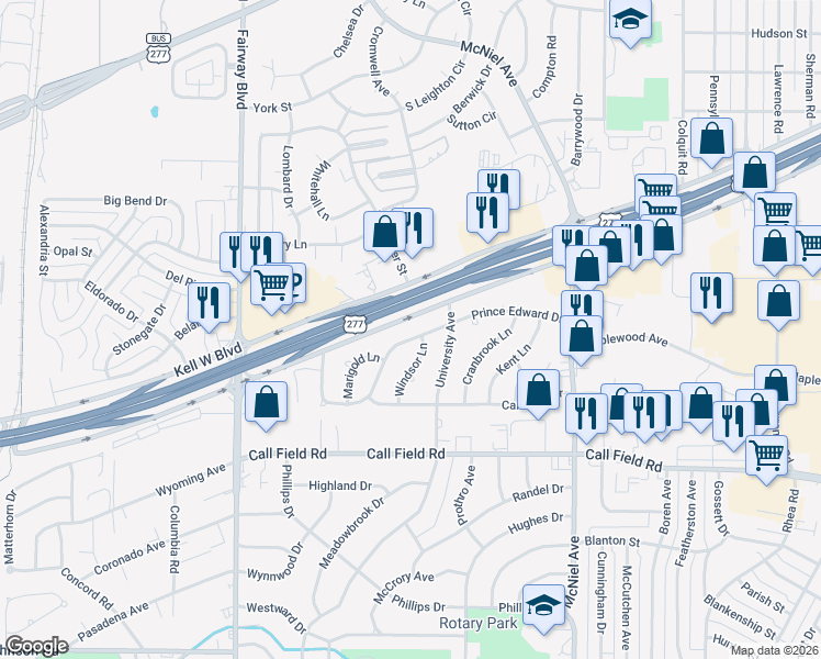 map of restaurants, bars, coffee shops, grocery stores, and more near 4412 Prince Edward Drive in Wichita Falls