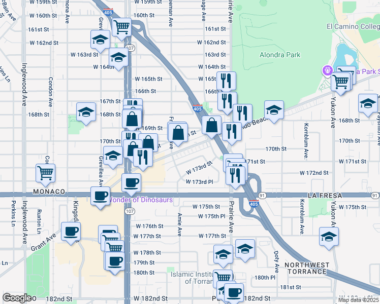 map of restaurants, bars, coffee shops, grocery stores, and more near 4146 Redondo Beach Boulevard in Torrance