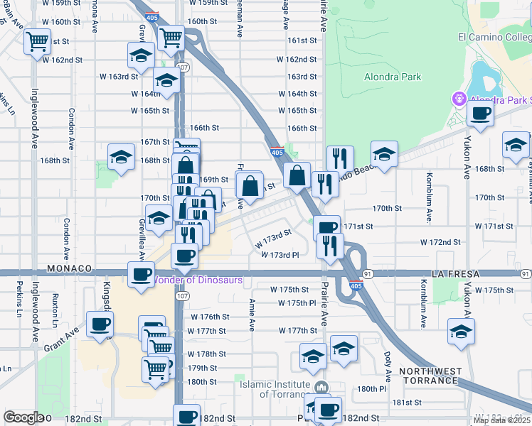 map of restaurants, bars, coffee shops, grocery stores, and more near 4138 Redondo Beach Boulevard in Torrance