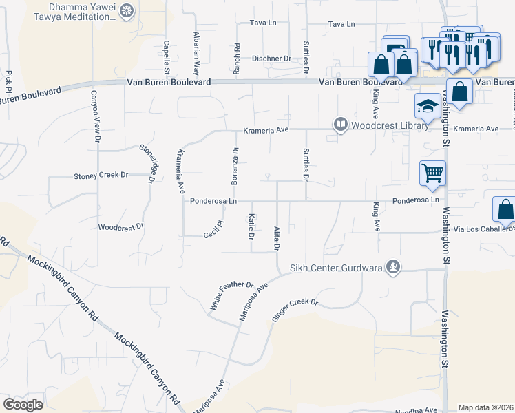 map of restaurants, bars, coffee shops, grocery stores, and more near 16780 Katie Drive in Riverside