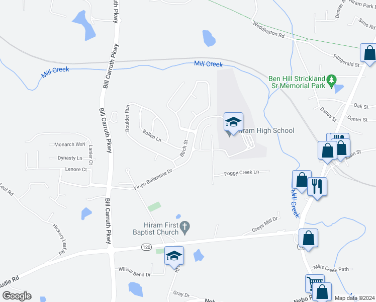 map of restaurants, bars, coffee shops, grocery stores, and more near 97 Birch Street in Hiram