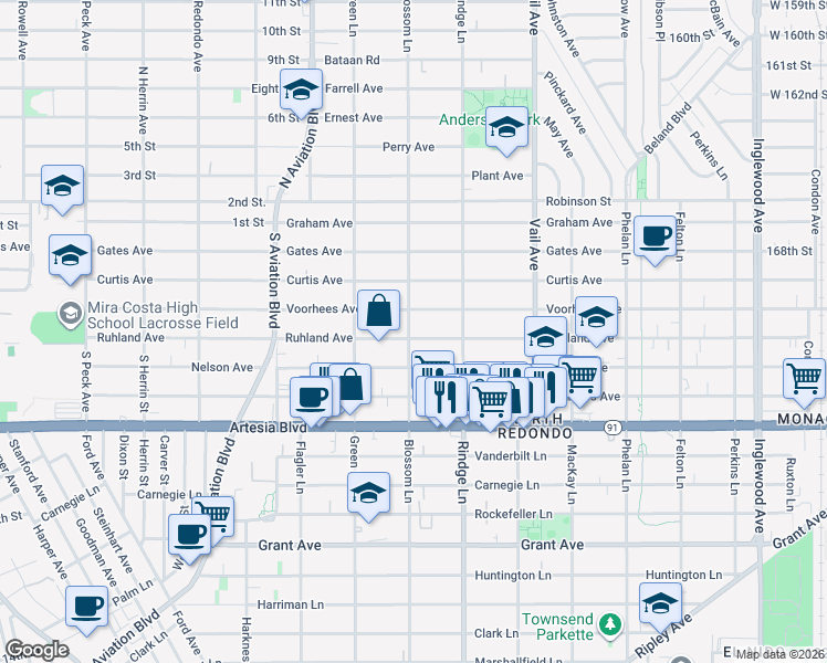 map of restaurants, bars, coffee shops, grocery stores, and more near 2101 Ruhland Avenue in Redondo Beach