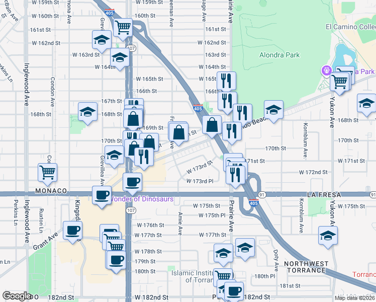 map of restaurants, bars, coffee shops, grocery stores, and more near 4150 Redondo Beach Boulevard in Torrance