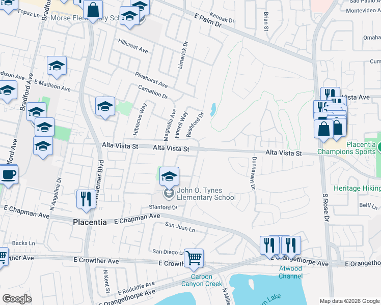 map of restaurants, bars, coffee shops, grocery stores, and more near 707 Langer Drive in Placentia