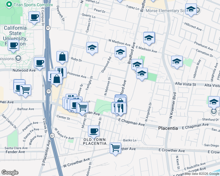 map of restaurants, bars, coffee shops, grocery stores, and more near 221 Orchid Drive in Placentia