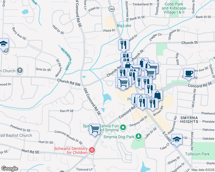 map of restaurants, bars, coffee shops, grocery stores, and more near 1082 Huntington Trce Southeast in Smyrna