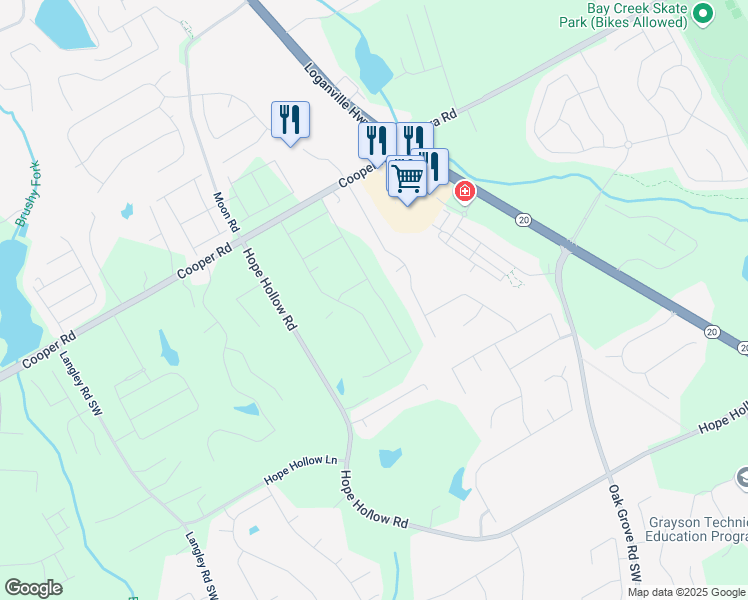 map of restaurants, bars, coffee shops, grocery stores, and more near 2971 Westgate Park Drive in Loganville