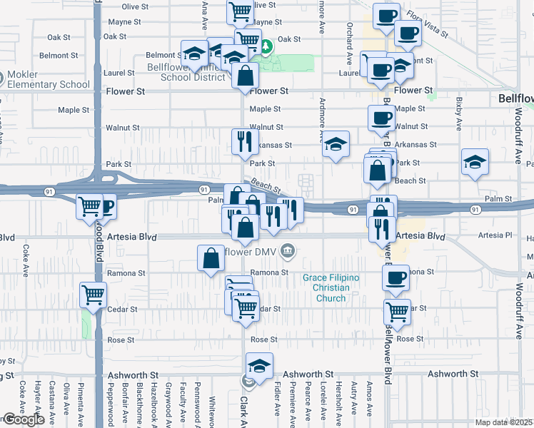 map of restaurants, bars, coffee shops, grocery stores, and more near 9441 Beverly Street in Bellflower