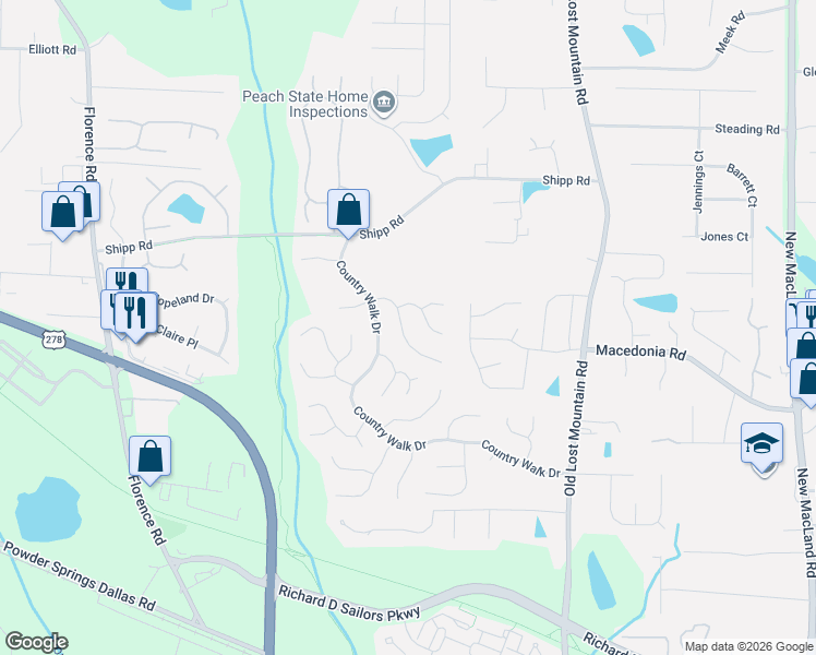 map of restaurants, bars, coffee shops, grocery stores, and more near 4780 Deer Chase in Powder Springs