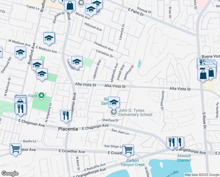 map of restaurants, bars, coffee shops, grocery stores, and more near 543 Lyons Way in Placentia