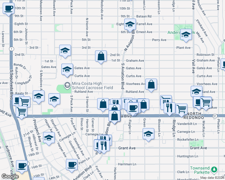 map of restaurants, bars, coffee shops, grocery stores, and more near 1741 Ruhland Avenue in Manhattan Beach