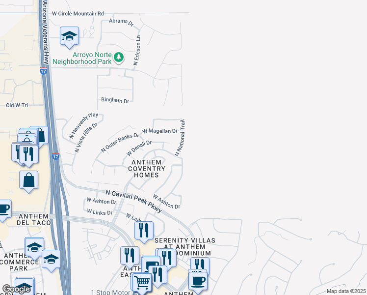 map of restaurants, bars, coffee shops, grocery stores, and more near 43119 North National Trail in New River