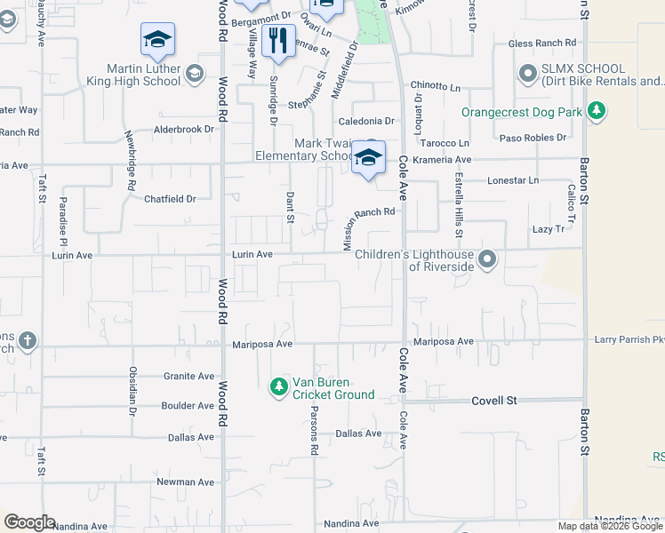 map of restaurants, bars, coffee shops, grocery stores, and more near 19351 Lurin Avenue in Riverside