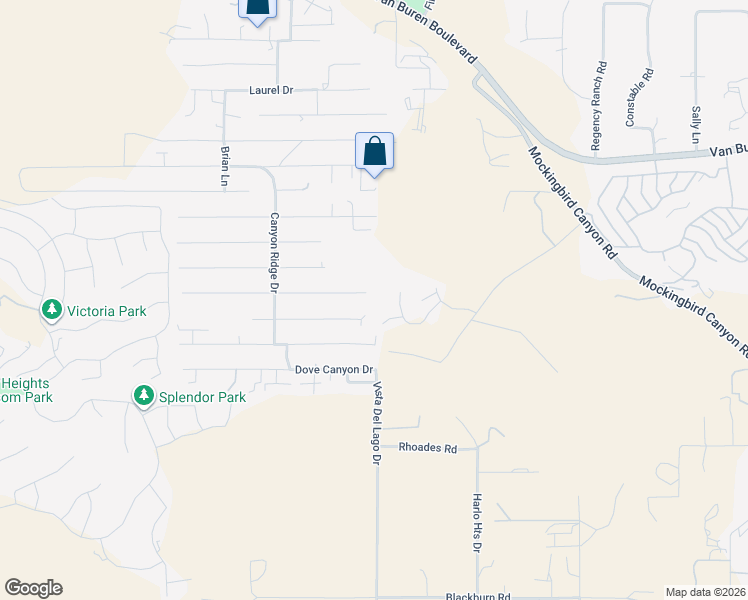 map of restaurants, bars, coffee shops, grocery stores, and more near 14499 Quailridge Drive in Riverside