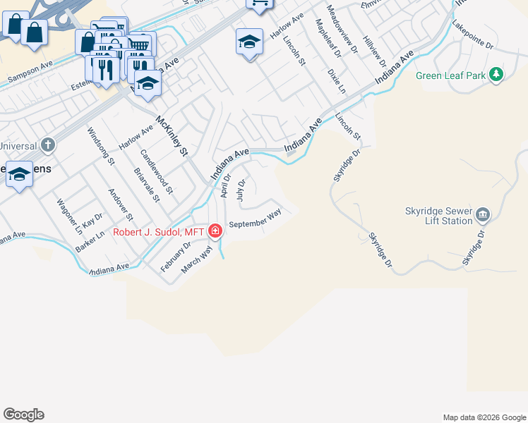 map of restaurants, bars, coffee shops, grocery stores, and more near 12996 August Circle in Riverside