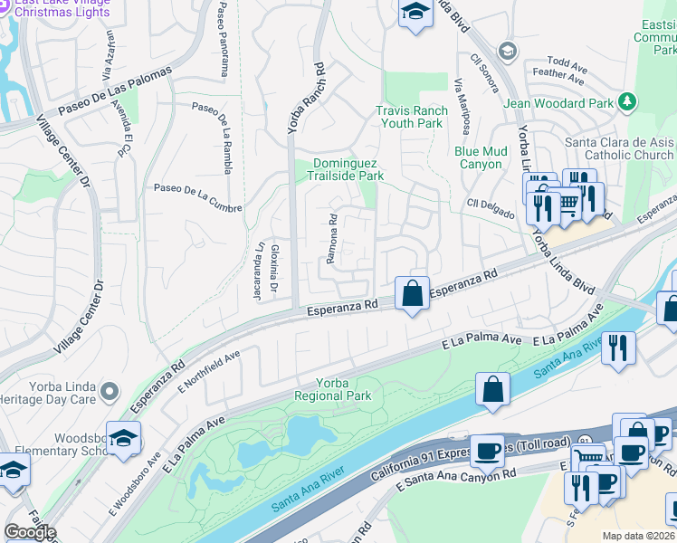 map of restaurants, bars, coffee shops, grocery stores, and more near 5856 Vía Romero in Yorba Linda