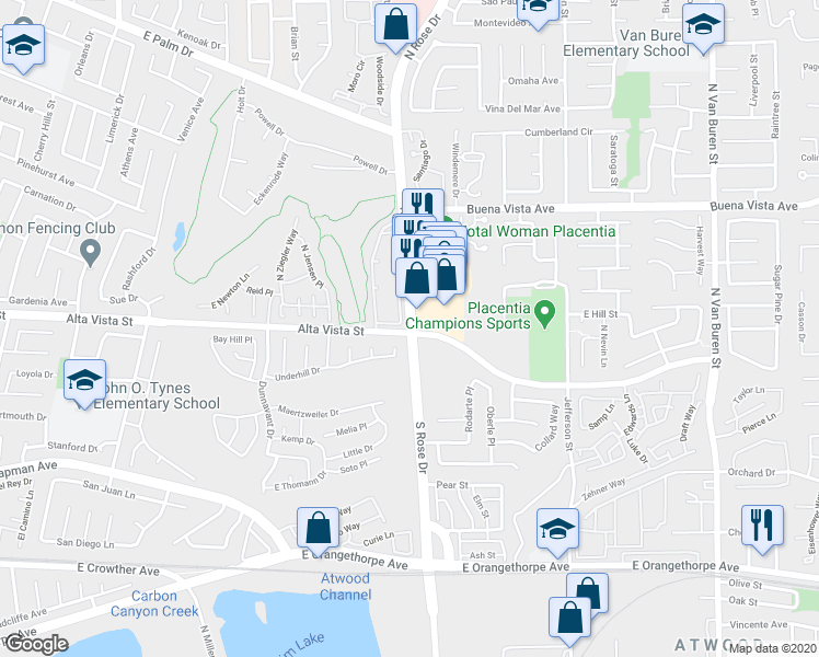 map of restaurants, bars, coffee shops, grocery stores, and more near 600 North Rose Drive in Placentia