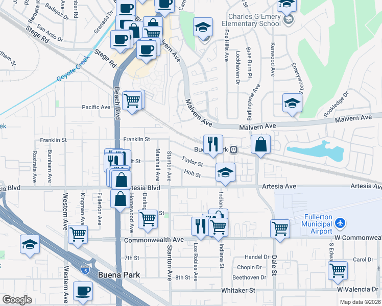 map of restaurants, bars, coffee shops, grocery stores, and more near 8111 Franklin Street in Buena Park