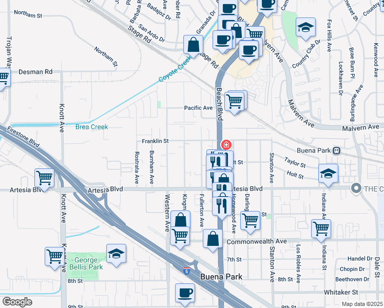map of restaurants, bars, coffee shops, grocery stores, and more near 5794 Kingman Avenue in Buena Park