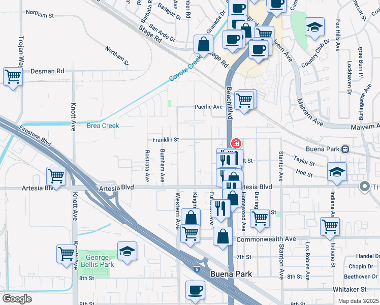 map of restaurants, bars, coffee shops, grocery stores, and more near 5812 Western Avenue in Buena Park