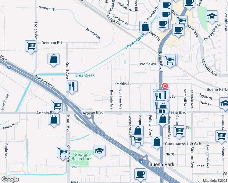 map of restaurants, bars, coffee shops, grocery stores, and more near 5792 Rostrata Avenue in Buena Park