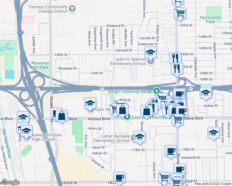map of restaurants, bars, coffee shops, grocery stores, and more near 11415 Jenkins Street in Artesia