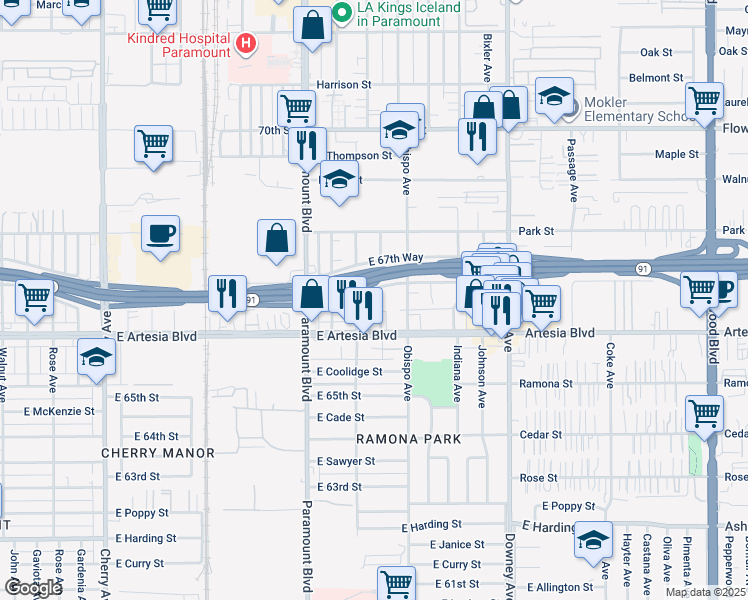 map of restaurants, bars, coffee shops, grocery stores, and more near 6673 North Hammond Avenue in Long Beach