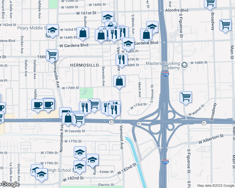 map of restaurants, bars, coffee shops, grocery stores, and more near 17017 South Vermont Avenue in Gardena
