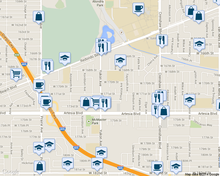 map of restaurants, bars, coffee shops, grocery stores, and more near 3480 170th Street in Torrance