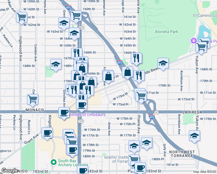 map of restaurants, bars, coffee shops, grocery stores, and more near 4181 Redondo Beach Boulevard in Lawndale