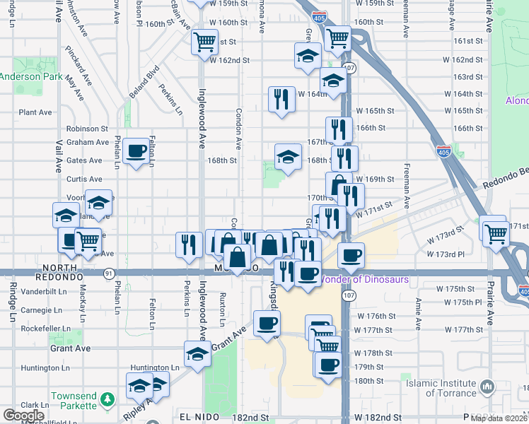 map of restaurants, bars, coffee shops, grocery stores, and more near 4579 West 171st Street in Lawndale