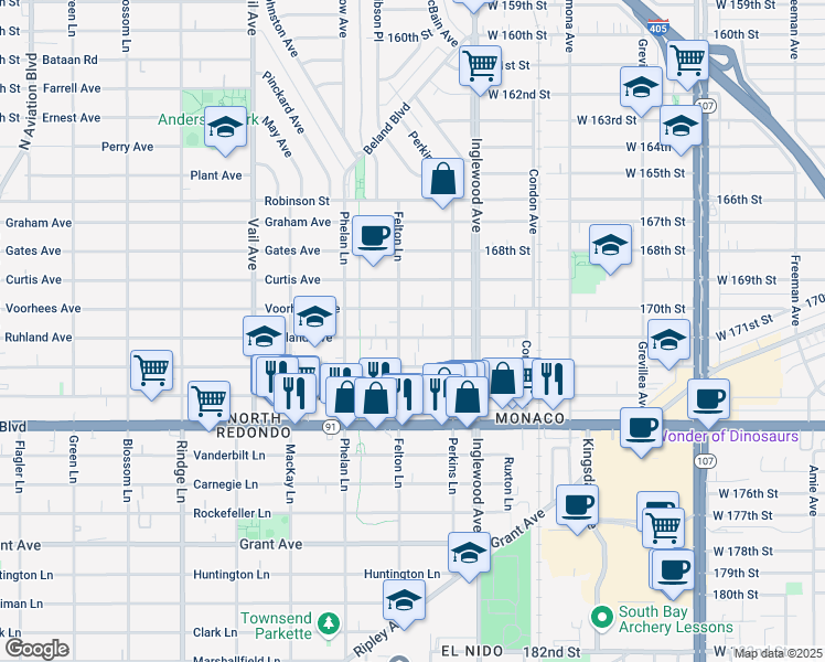 map of restaurants, bars, coffee shops, grocery stores, and more near 2611 Ruhland Avenue in Redondo Beach