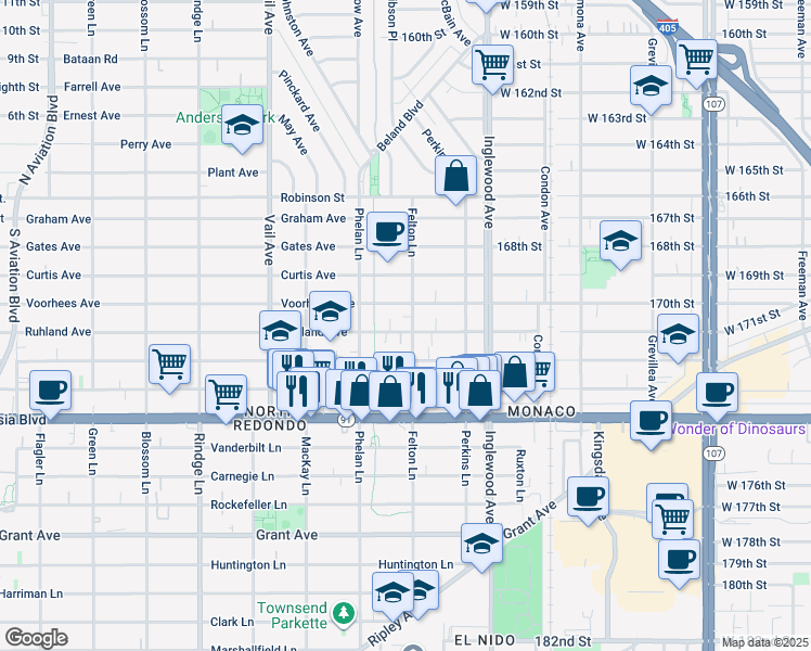 map of restaurants, bars, coffee shops, grocery stores, and more near 2517 Ruhland Avenue in Redondo Beach