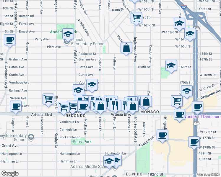 map of restaurants, bars, coffee shops, grocery stores, and more near 2517 Ruhland Avenue in Redondo Beach