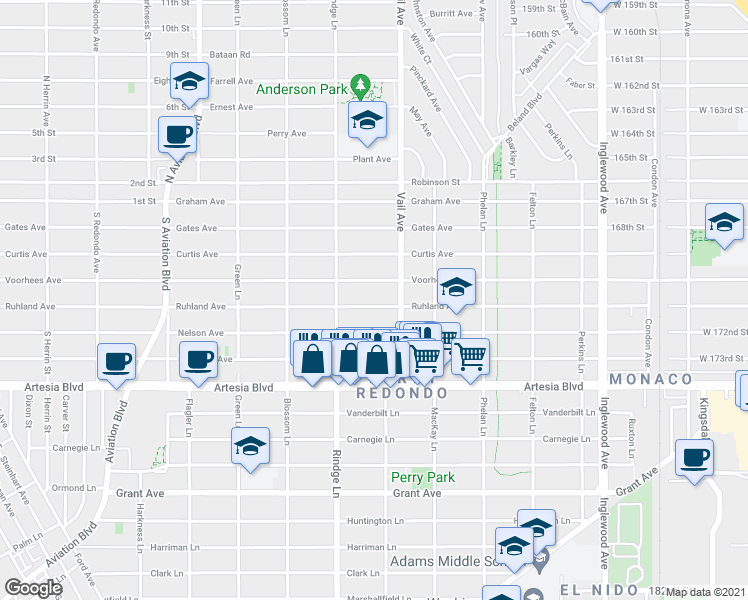 map of restaurants, bars, coffee shops, grocery stores, and more near 2221 Ruhland Avenue in Redondo Beach