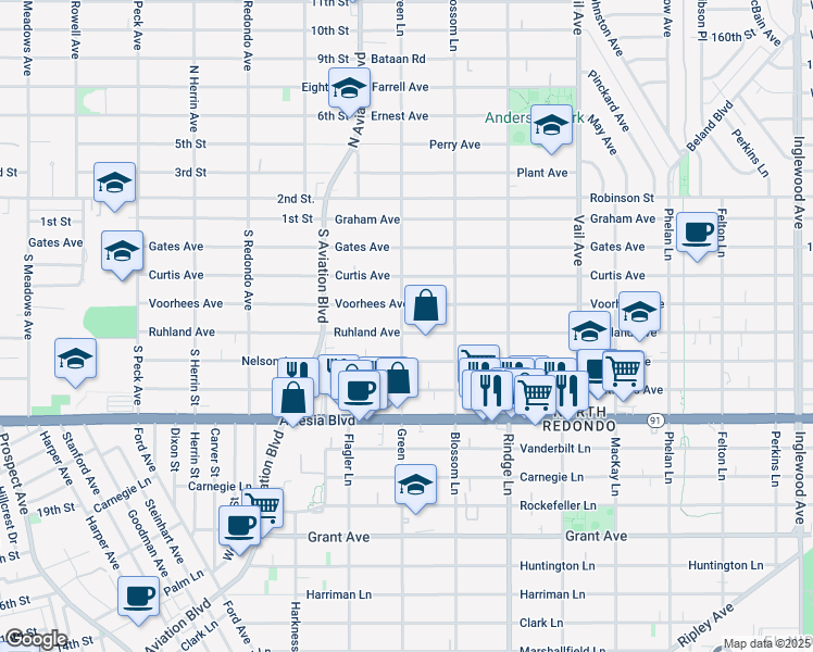 map of restaurants, bars, coffee shops, grocery stores, and more near 1935 Ruhland Avenue in Redondo Beach