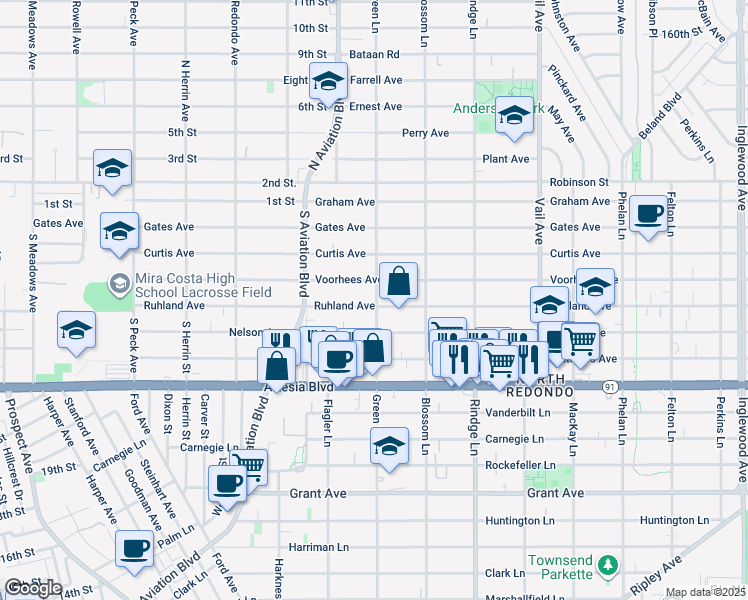map of restaurants, bars, coffee shops, grocery stores, and more near 1935 Ruhland Avenue in Redondo Beach