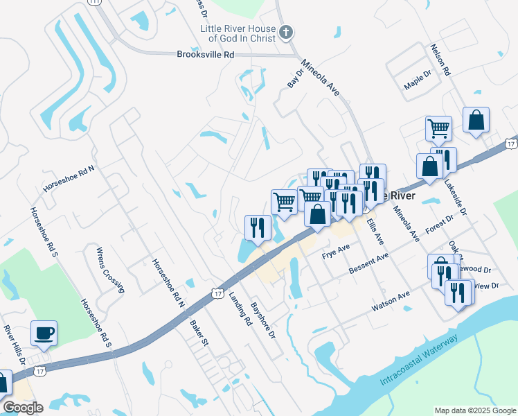 map of restaurants, bars, coffee shops, grocery stores, and more near 4107 Pinehurst Circle in Little River