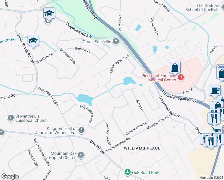 map of restaurants, bars, coffee shops, grocery stores, and more near 1606 Grandview Trce in Snellville