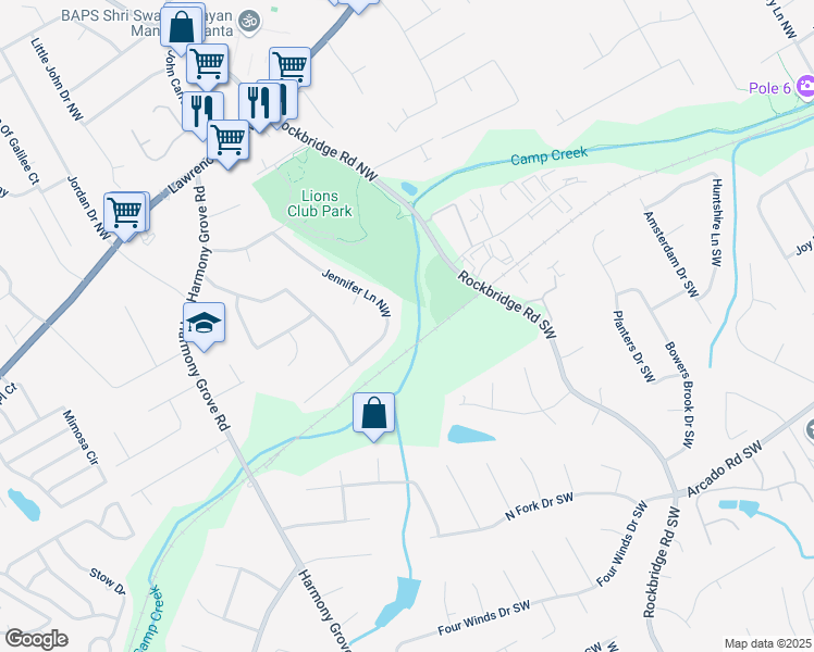 map of restaurants, bars, coffee shops, grocery stores, and more near 194 Jennifer Lane Northwest in Lilburn