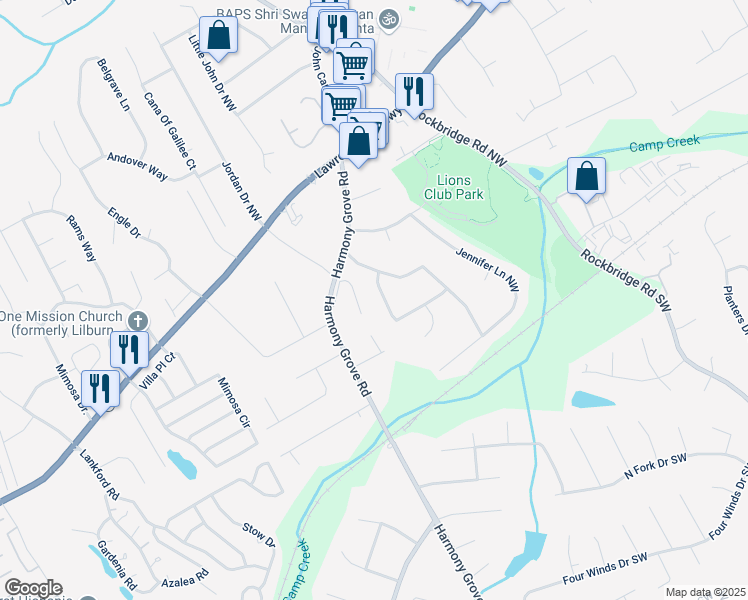 map of restaurants, bars, coffee shops, grocery stores, and more near 5666 Bob White Circle Northwest in Lilburn