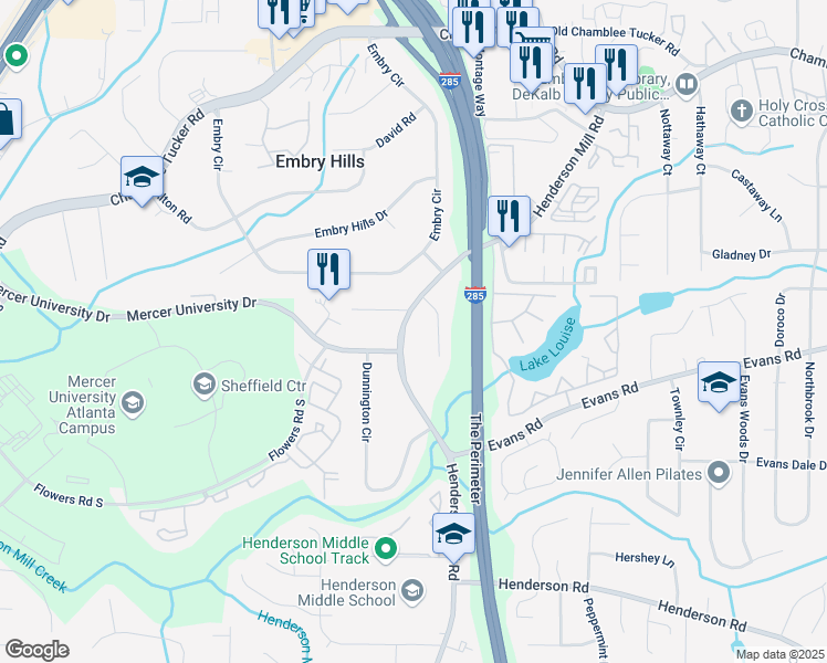 map of restaurants, bars, coffee shops, grocery stores, and more near 3073 Henderson Mill Road in Atlanta