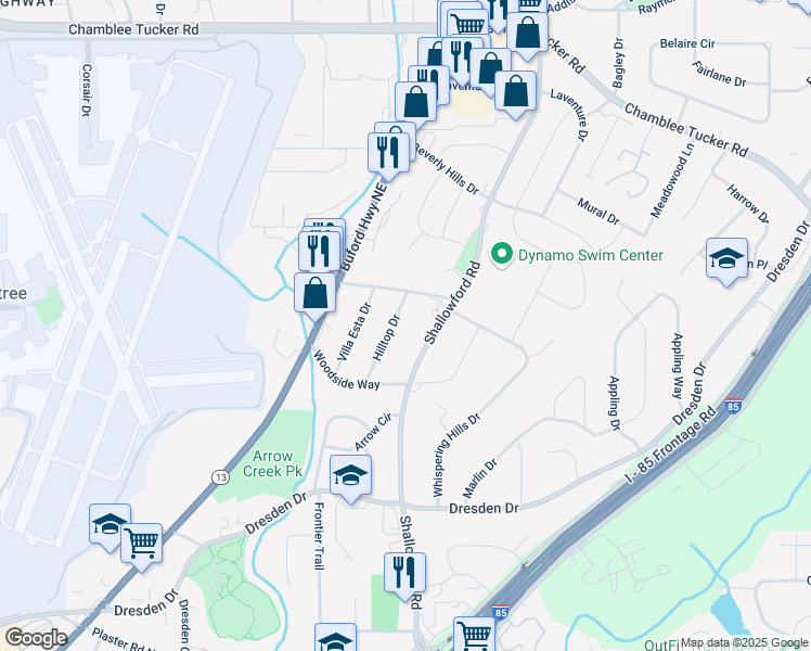 map of restaurants, bars, coffee shops, grocery stores, and more near 3001 Hilltop Drive in Atlanta