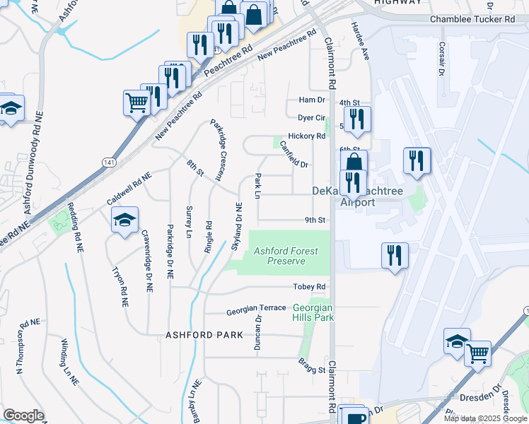 map of restaurants, bars, coffee shops, grocery stores, and more near 2993 Park Lane in Chamblee