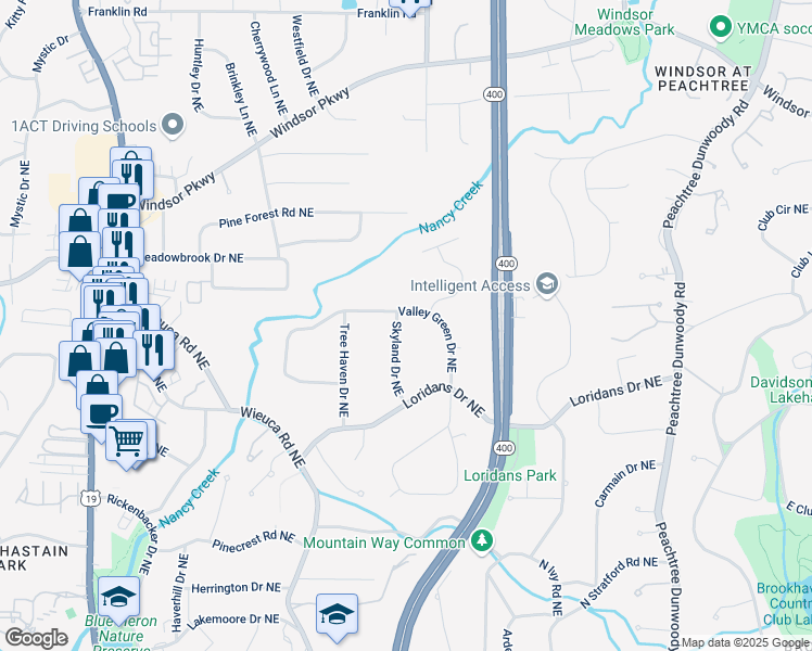 map of restaurants, bars, coffee shops, grocery stores, and more near 4431 Skyland Drive Northeast in Atlanta