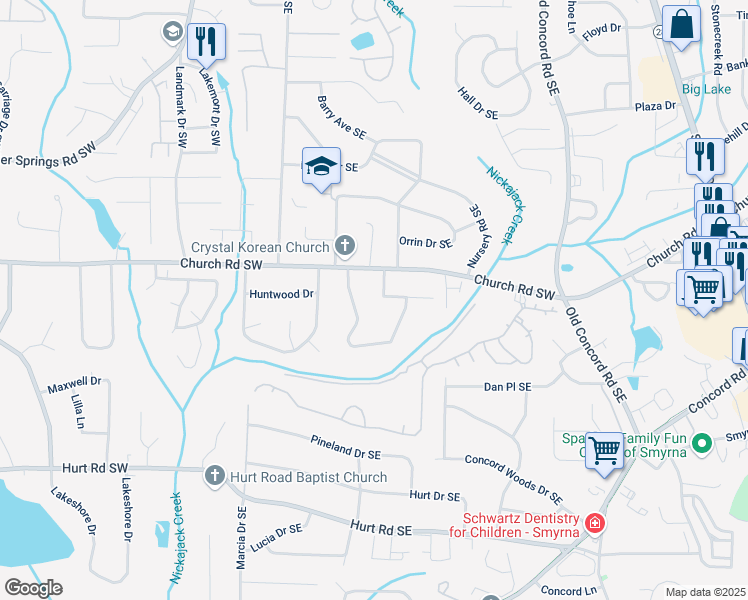 map of restaurants, bars, coffee shops, grocery stores, and more near 218 Woodview Lane in Smyrna
