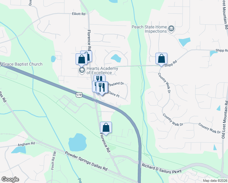 map of restaurants, bars, coffee shops, grocery stores, and more near 5165 Saint Claire Place in Powder Springs
