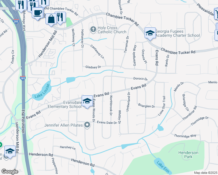 map of restaurants, bars, coffee shops, grocery stores, and more near 2994 Northbrook Drive in Doraville