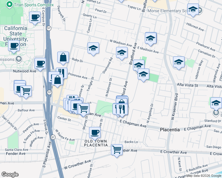 map of restaurants, bars, coffee shops, grocery stores, and more near 221 Orchid Drive in Placentia